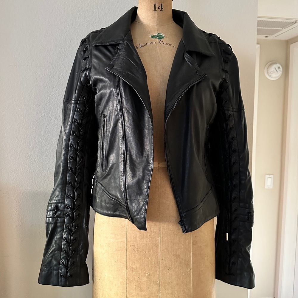 SKINGRAFT women’s laced black leather moto jacket L